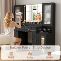 Anymaple Linea Collection Black 55" fluted makeup vanity desk with mirror and lights RGB ambient cabinet lighting through fluted acrylic doors
