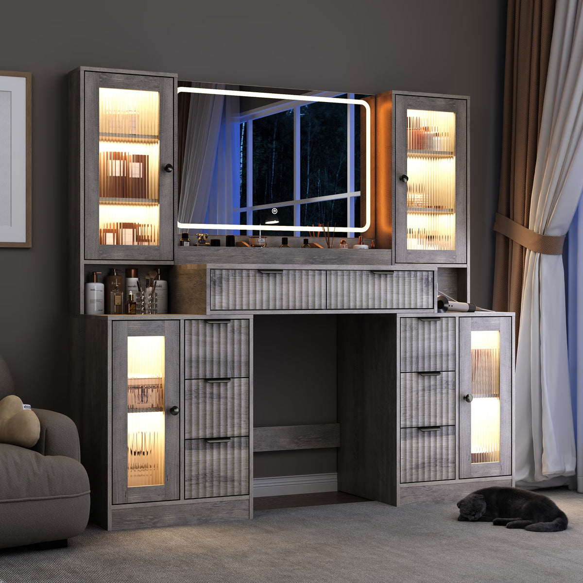 Anymaple Linea Collection Gray 55" fluted makeup vanity desk with mirror and lights HD mirror with warm, natural, and cool dimmable lighting