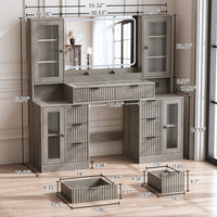 Anymaple Linea Collection Gray 55" fluted makeup vanity desk with mirror and lights fluted drawer fronts and modern bedroom vanity styling