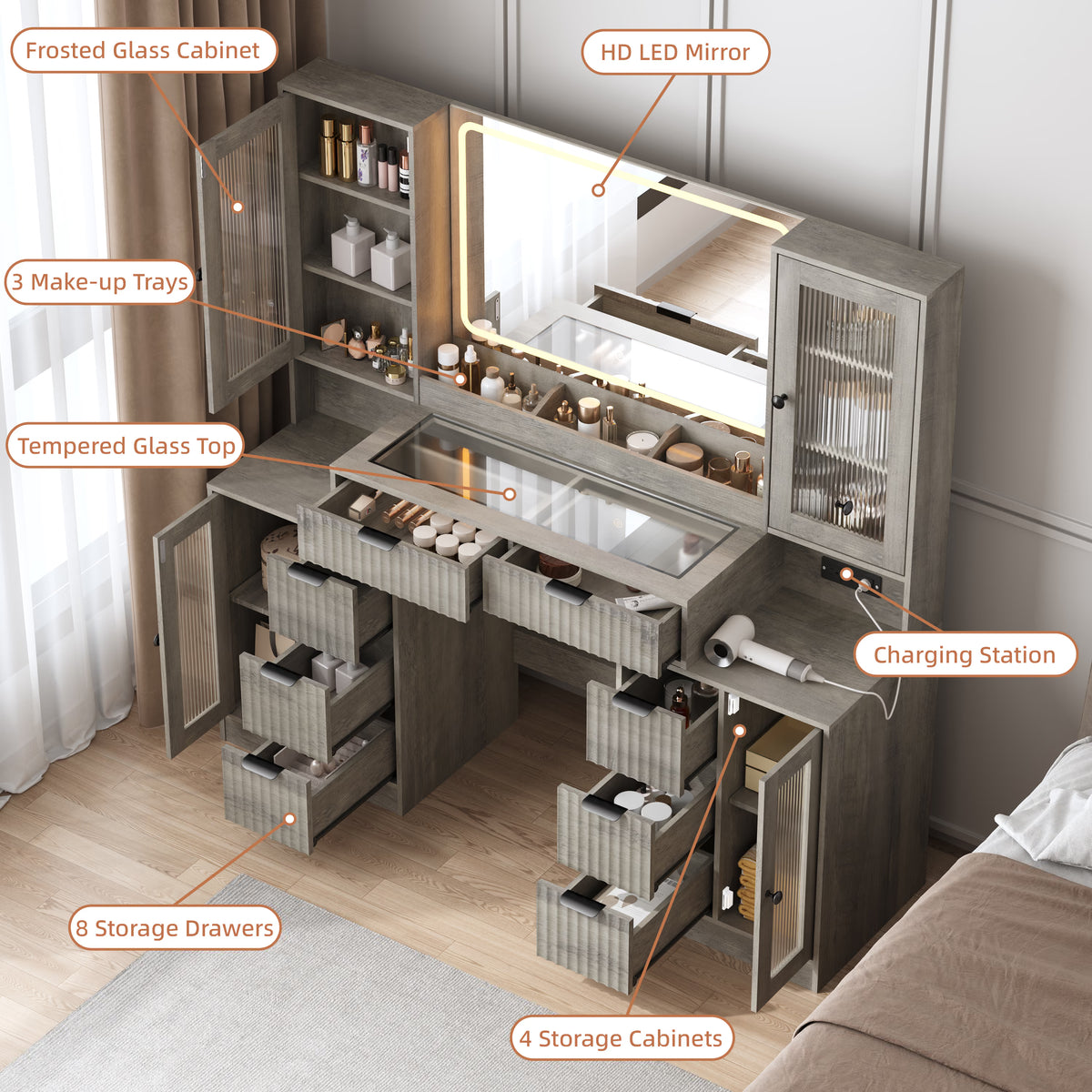 Anymaple Linea Collection Gray 55" fluted makeup vanity desk with mirror and lights main view with fluted vanity desk, glass top, mirror lights, drawers, and cabinets