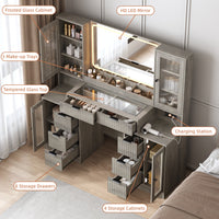 Anymaple Linea Collection Gray 55" fluted makeup vanity desk with mirror and lights main view with fluted vanity desk, glass top, mirror lights, drawers, and cabinets