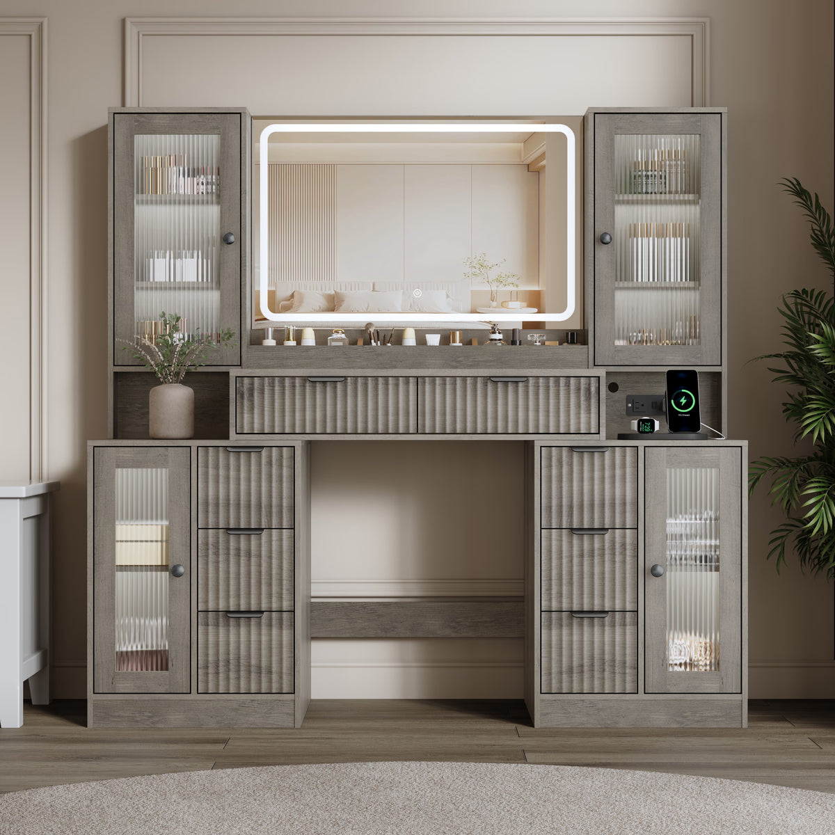Anymaple Linea Collection Gray 55" fluted makeup vanity desk with mirror and lights night room view with mirror lights and RGB cabinet glow