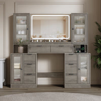 Anymaple Linea Collection Gray 55" fluted makeup vanity desk with mirror and lights night room view with mirror lights and RGB cabinet glow