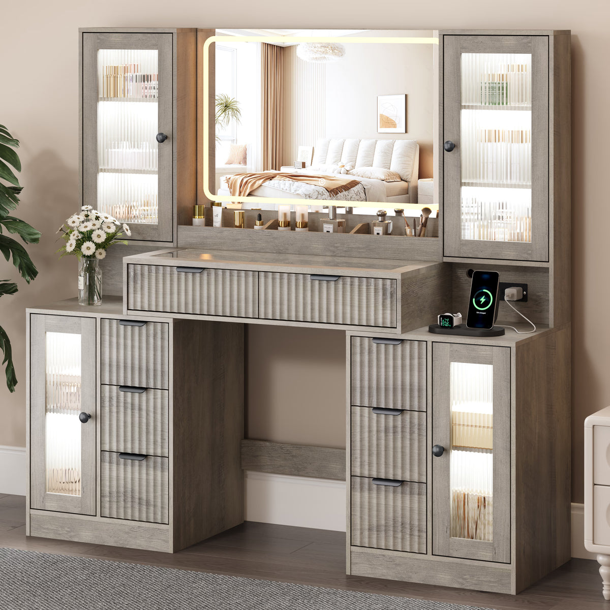 Anymaple Linea Collection Gray 55" fluted makeup vanity desk with mirror and lights RGB ambient cabinet lighting through fluted acrylic doors