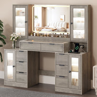 Anymaple Linea Collection Gray 55" fluted makeup vanity desk with mirror and lights RGB ambient cabinet lighting through fluted acrylic doors