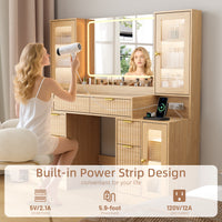Anymaple Linea Collection Oak 55" fluted makeup vanity desk with mirror and lights built-in charging station with 2 AC outlets and 2 USB ports