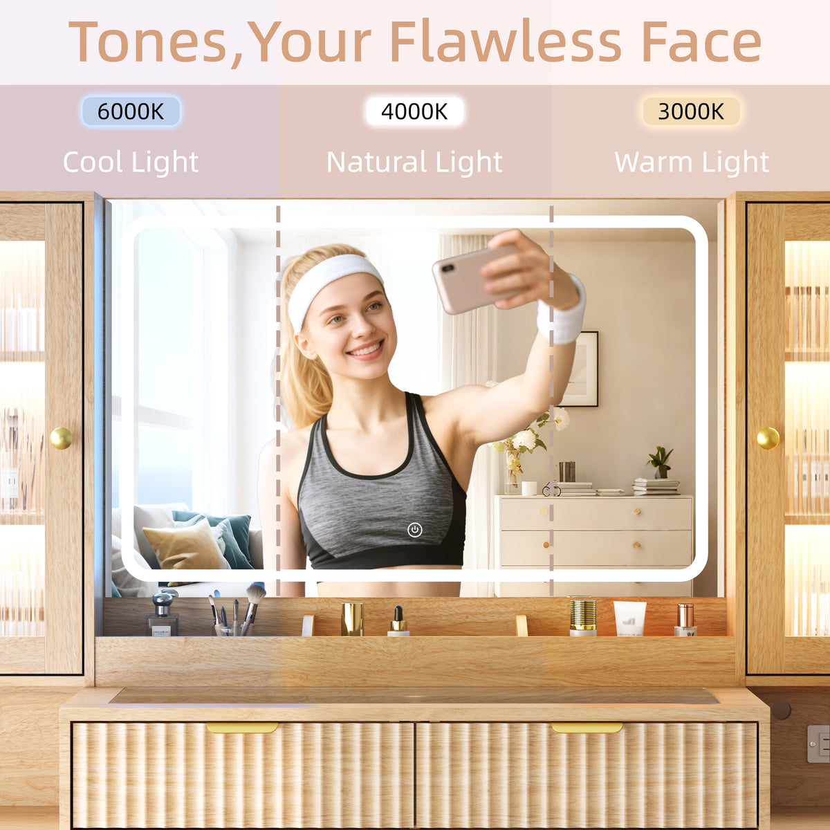 Anymaple Linea Collection Oak 55" fluted makeup vanity desk with mirror and lights HD mirror with warm, natural, and cool dimmable lighting