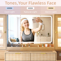 Anymaple Linea Collection Oak 55" fluted makeup vanity desk with mirror and lights HD mirror with warm, natural, and cool dimmable lighting