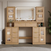 Anymaple Linea Collection Oak 55" fluted makeup vanity desk with mirror and lights fluted drawer fronts and modern bedroom vanity styling