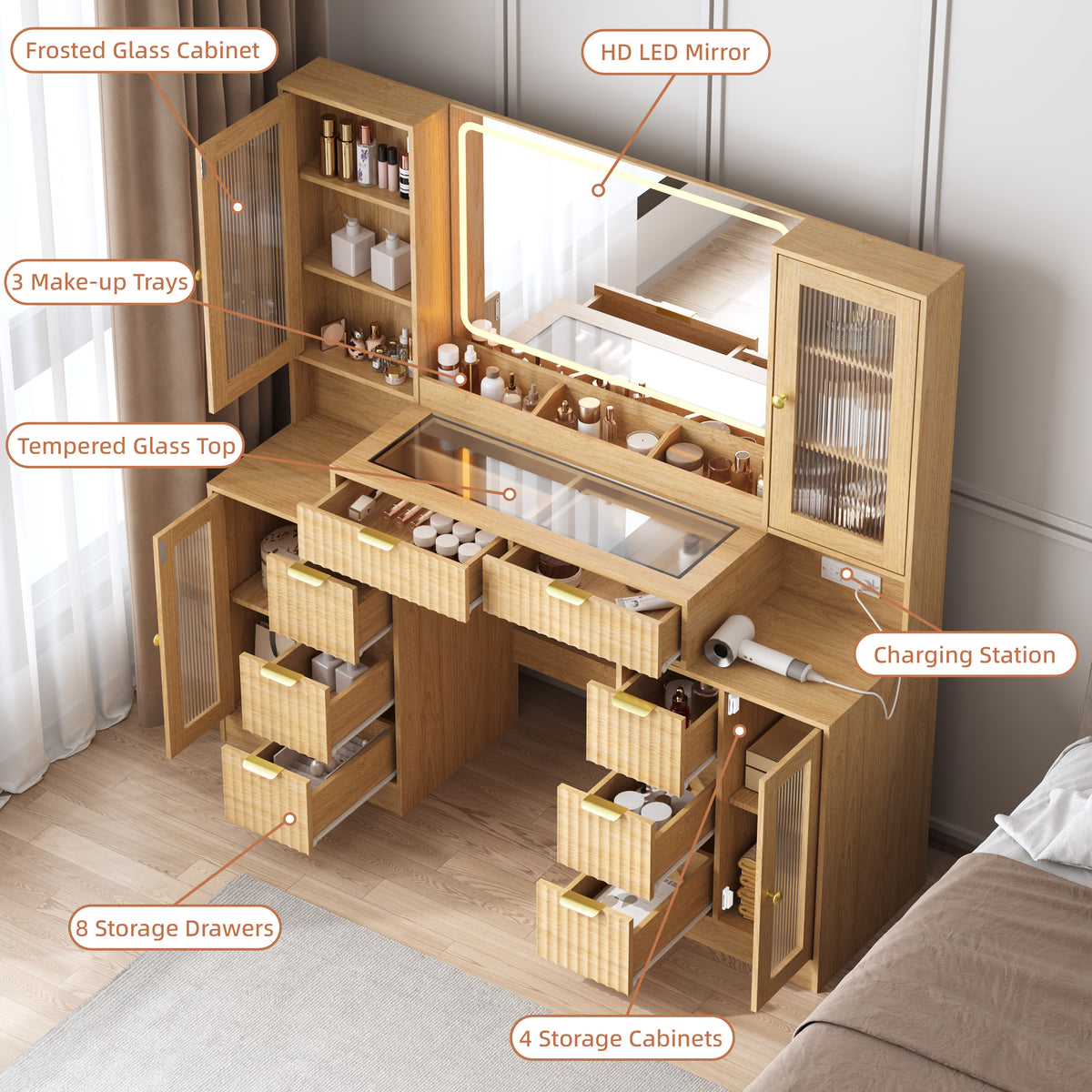 Anymaple Linea Collection Oak 55" fluted makeup vanity desk with mirror and lights tempered glass top, storage trays, drawers, and cabinet organization