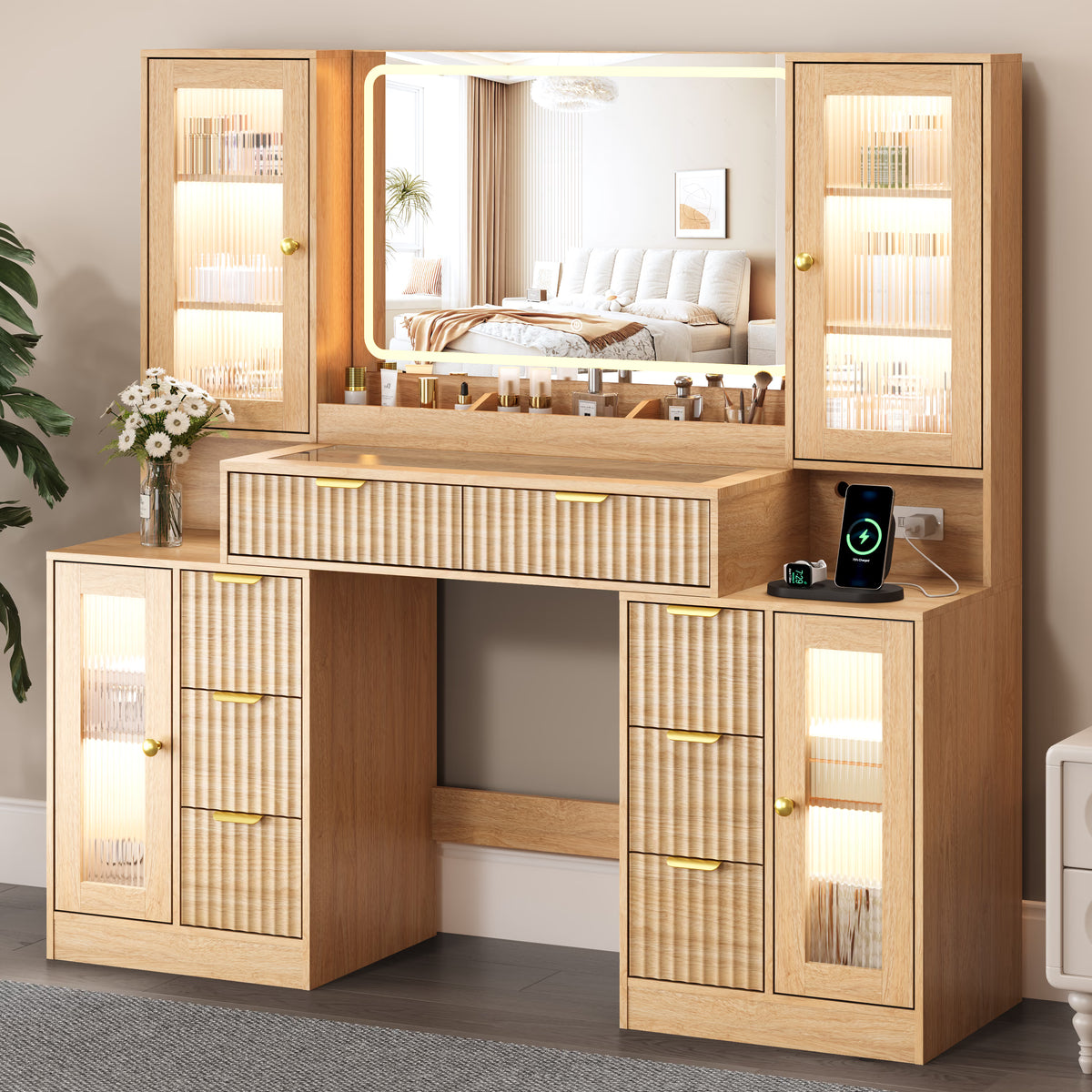 Anymaple Linea Collection Oak 55" fluted makeup vanity desk with mirror and lights main view with fluted vanity desk, glass top, mirror lights, drawers, and cabinets