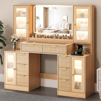 Anymaple Linea Collection Oak 55" fluted makeup vanity desk with mirror and lights main view with fluted vanity desk, glass top, mirror lights, drawers, and cabinets