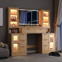 Anymaple Linea Collection Oak 55" fluted makeup vanity desk with mirror and lights night room view with mirror lights and RGB cabinet glow