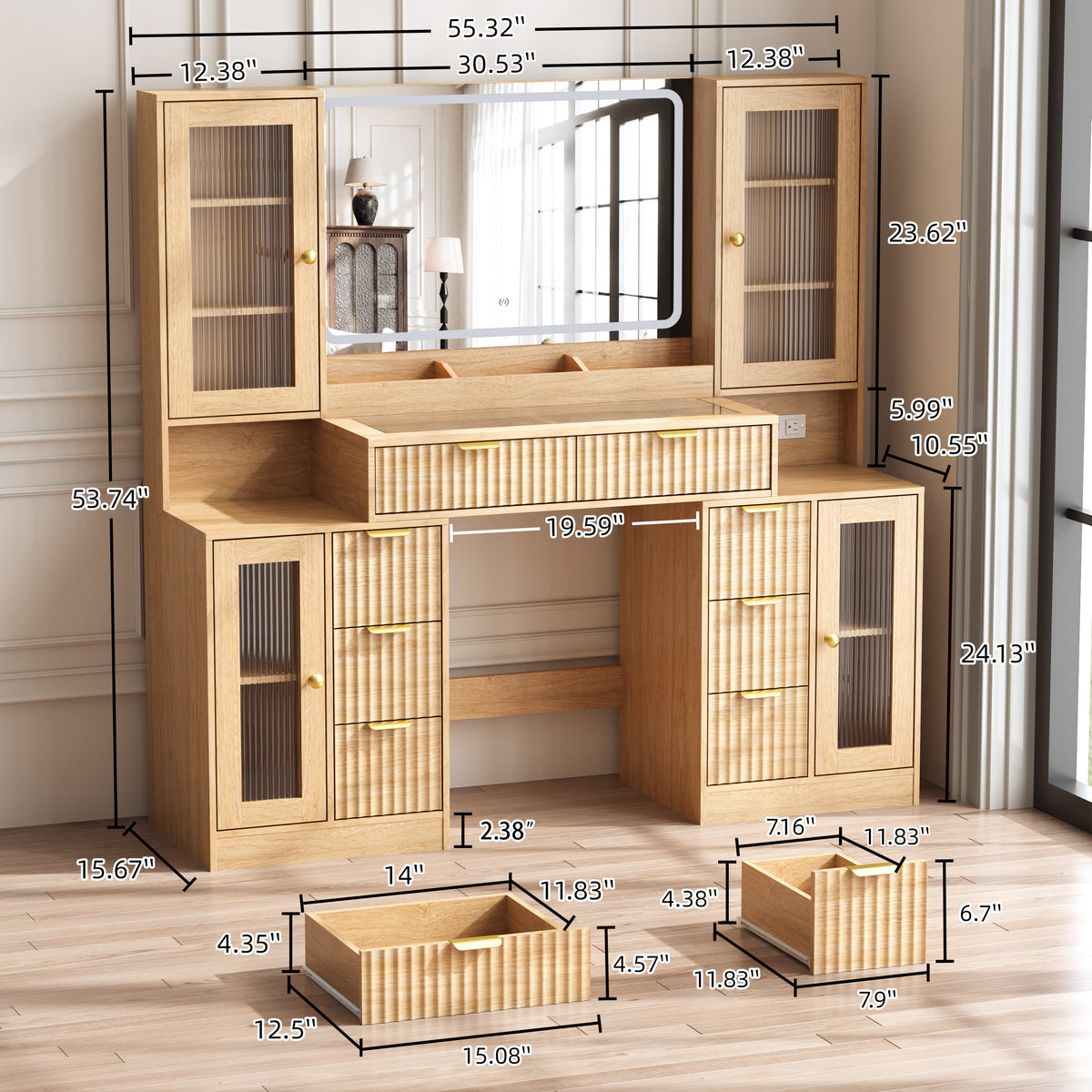 Anymaple Linea Collection Oak 55" fluted makeup vanity desk with mirror and lights product size dimensions, 55"W x 16"D x 54"H