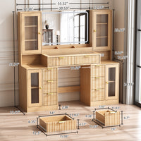 Anymaple Linea Collection Oak 55" fluted makeup vanity desk with mirror and lights product size dimensions, 55"W x 16"D x 54"H