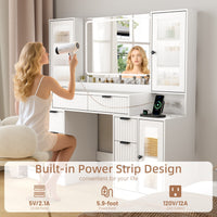 Anymaple Linea Collection White 55" fluted makeup vanity desk with mirror and lights built-in charging station with 2 AC outlets and 2 USB ports