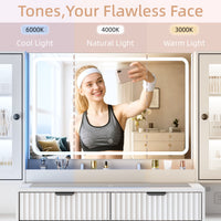 Anymaple Linea Collection White 55" fluted makeup vanity desk with mirror and lights HD mirror with warm, natural, and cool dimmable lighting