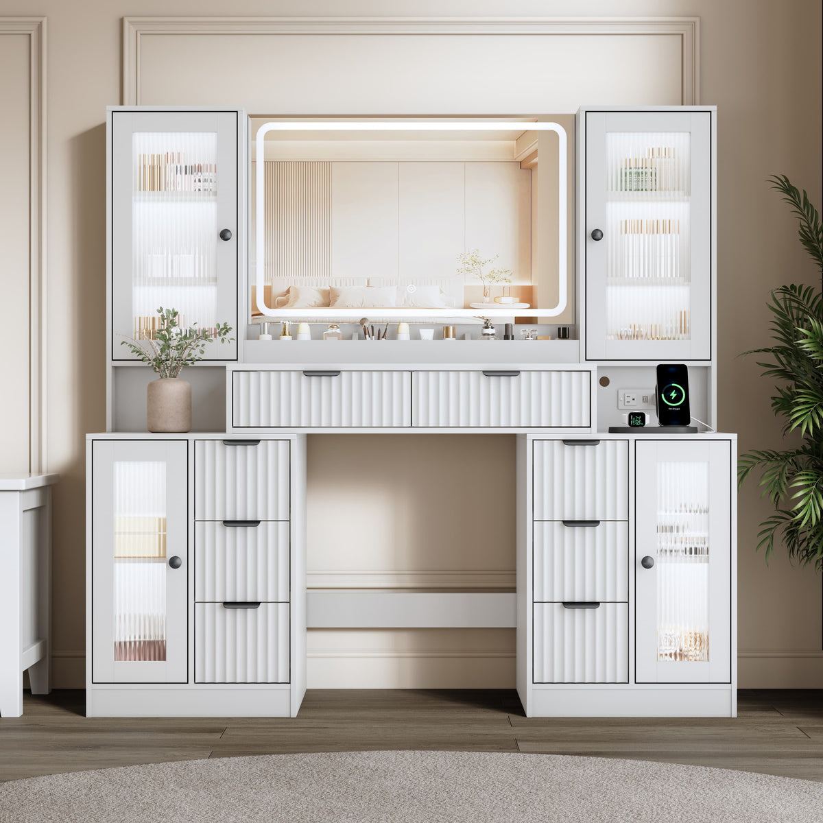 Anymaple Linea Collection White 55" fluted makeup vanity desk with mirror and lights fluted drawer fronts and modern bedroom vanity styling