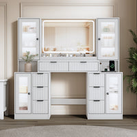 Anymaple Linea Collection White 55" fluted makeup vanity desk with mirror and lights fluted drawer fronts and modern bedroom vanity styling