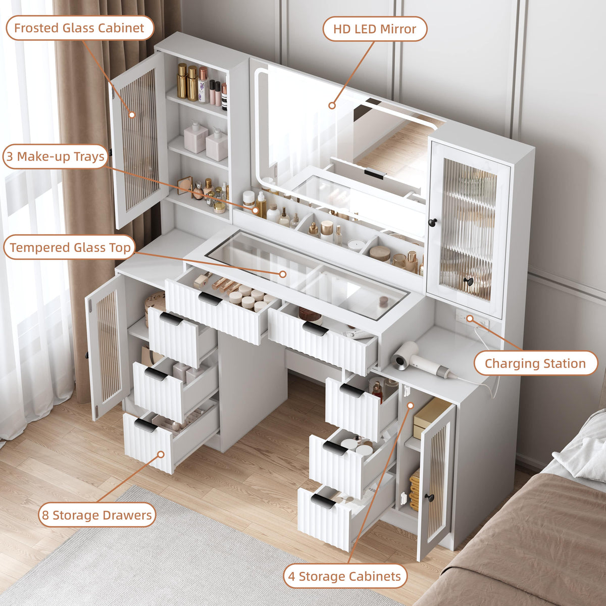 Anymaple Linea Collection White 55" fluted makeup vanity desk with mirror and lights tempered glass top, storage trays, drawers, and cabinet organization