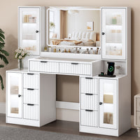 Anymaple Linea Collection White 55" fluted makeup vanity desk with mirror and lights main view with fluted vanity desk, glass top, mirror lights, drawers, and cabinets