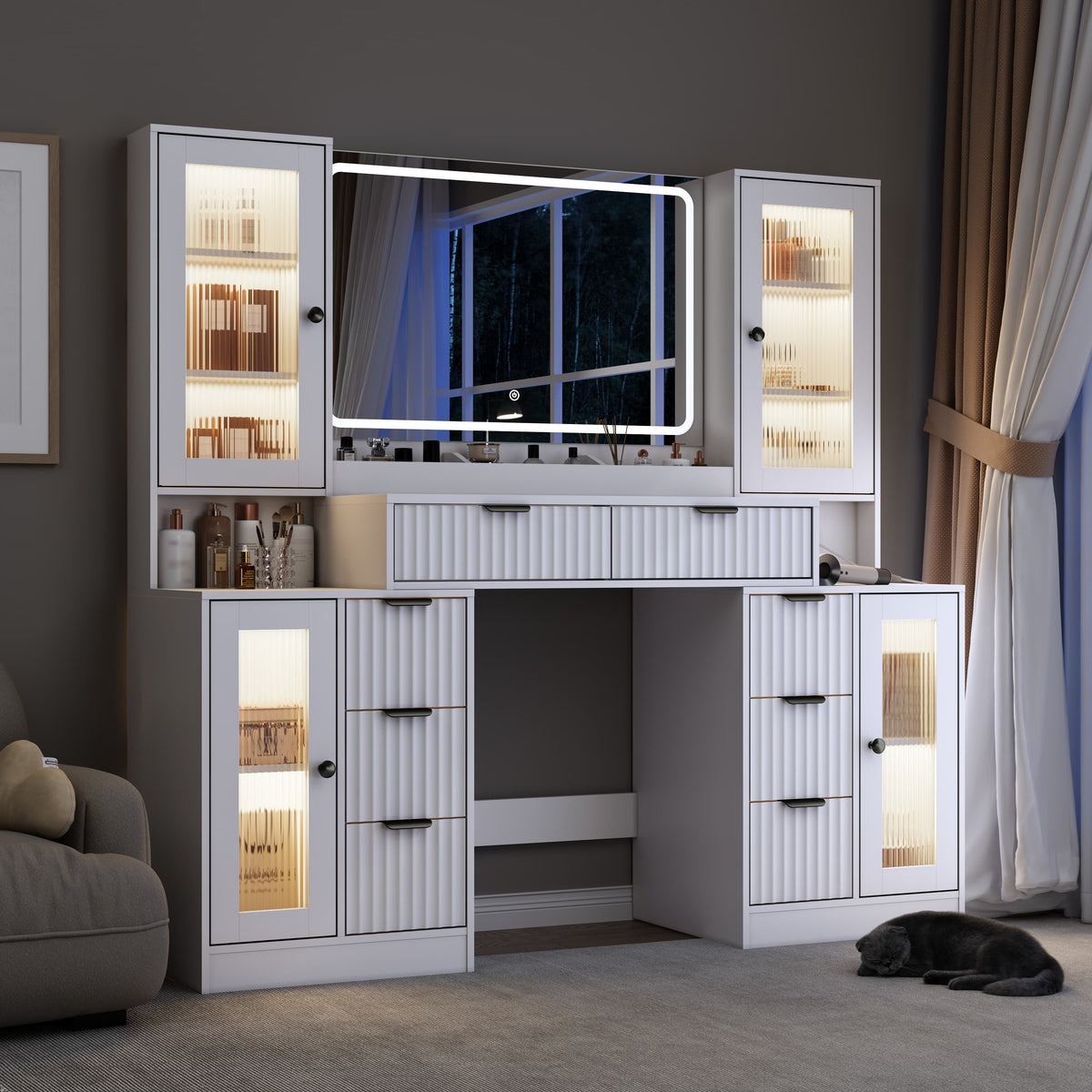 Anymaple Linea Collection White 55" fluted makeup vanity desk with mirror and lights night room view with mirror lights and RGB cabinet glow