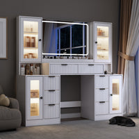 Anymaple Linea Collection White 55" fluted makeup vanity desk with mirror and lights night room view with mirror lights and RGB cabinet glow