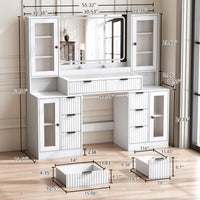 Anymaple Linea Collection White 55" fluted makeup vanity desk with mirror and lights product size dimensions, 55"W x 16"D x 54"H