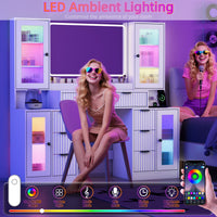 Anymaple Linea Collection White 55" fluted makeup vanity desk with mirror and lights RGB ambient cabinet lighting through fluted acrylic doors