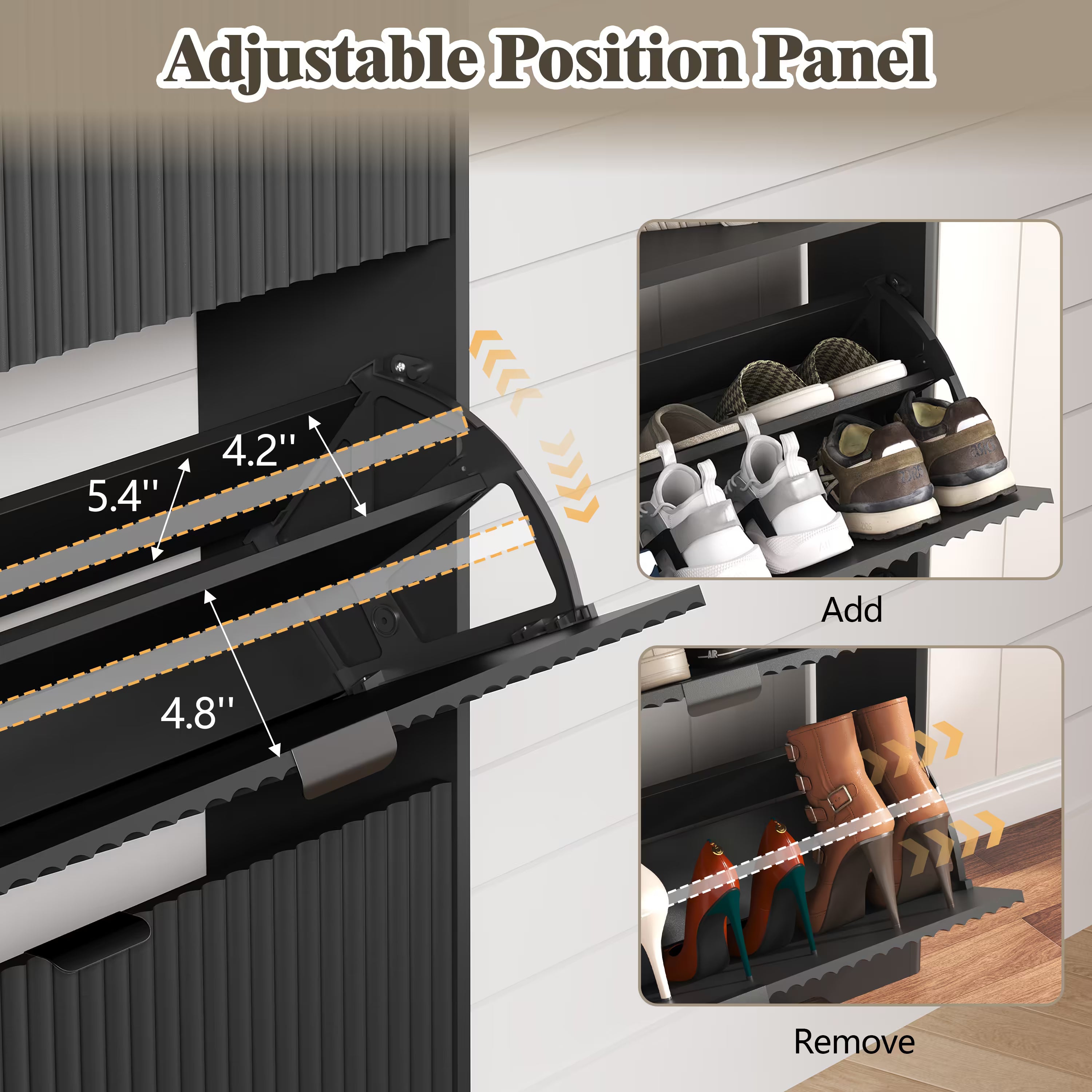 HLG136 Linea Anymaple black shoe rack cabinet with adjustable and removable interior panels for different shoe heights