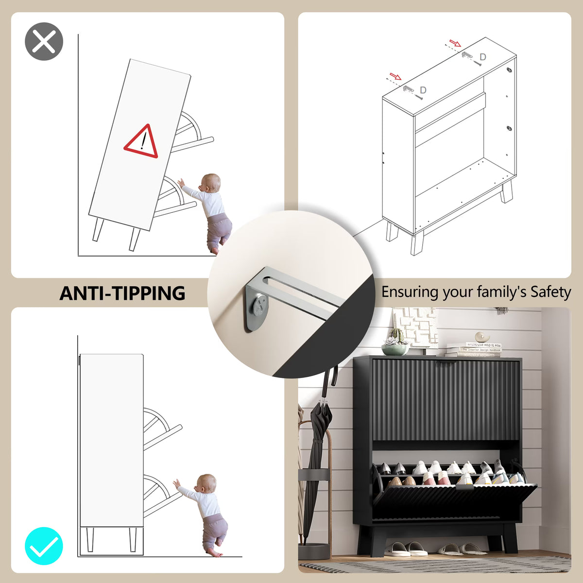 HLG136 Linea Anymaple black entryway shoe storage cabinet with anti tipping wall anchor for safer home organization