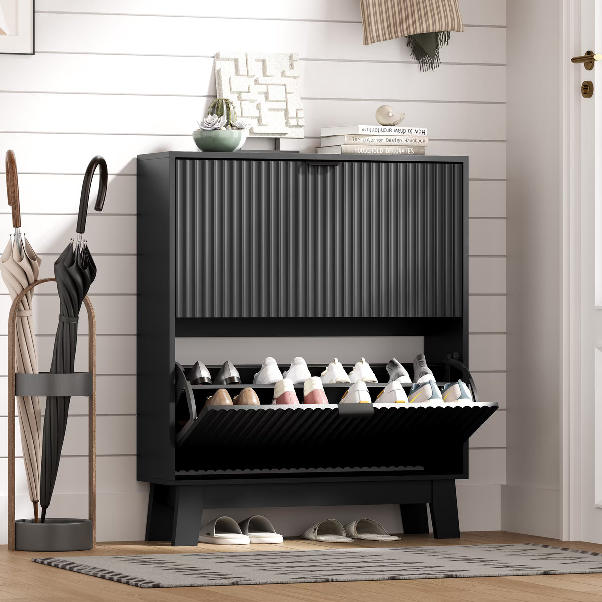 HLG136 Linea Anymaple black narrow shoe cabinet for entryway with 2 fluted flip drawers and wooden legs