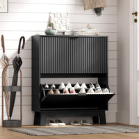 HLG136 Linea Anymaple black narrow shoe cabinet for entryway with 2 fluted flip drawers and wooden legs