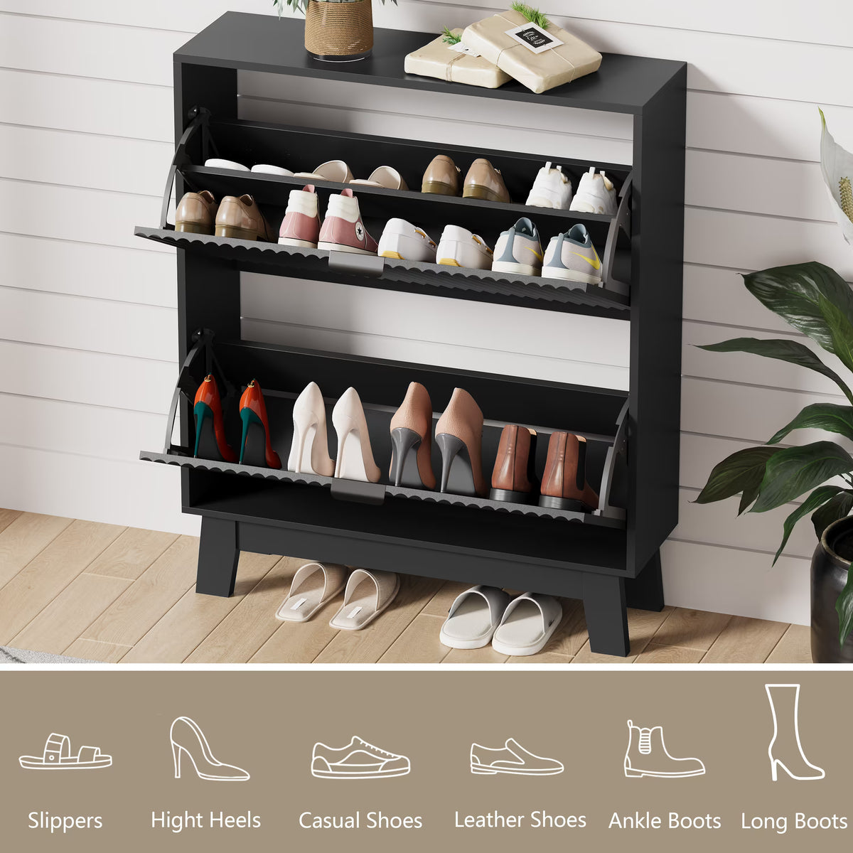 HLG136 Linea Anymaple black shoe organizer cabinet with 2 flip drawers for heels, sneakers, boots and daily footwear