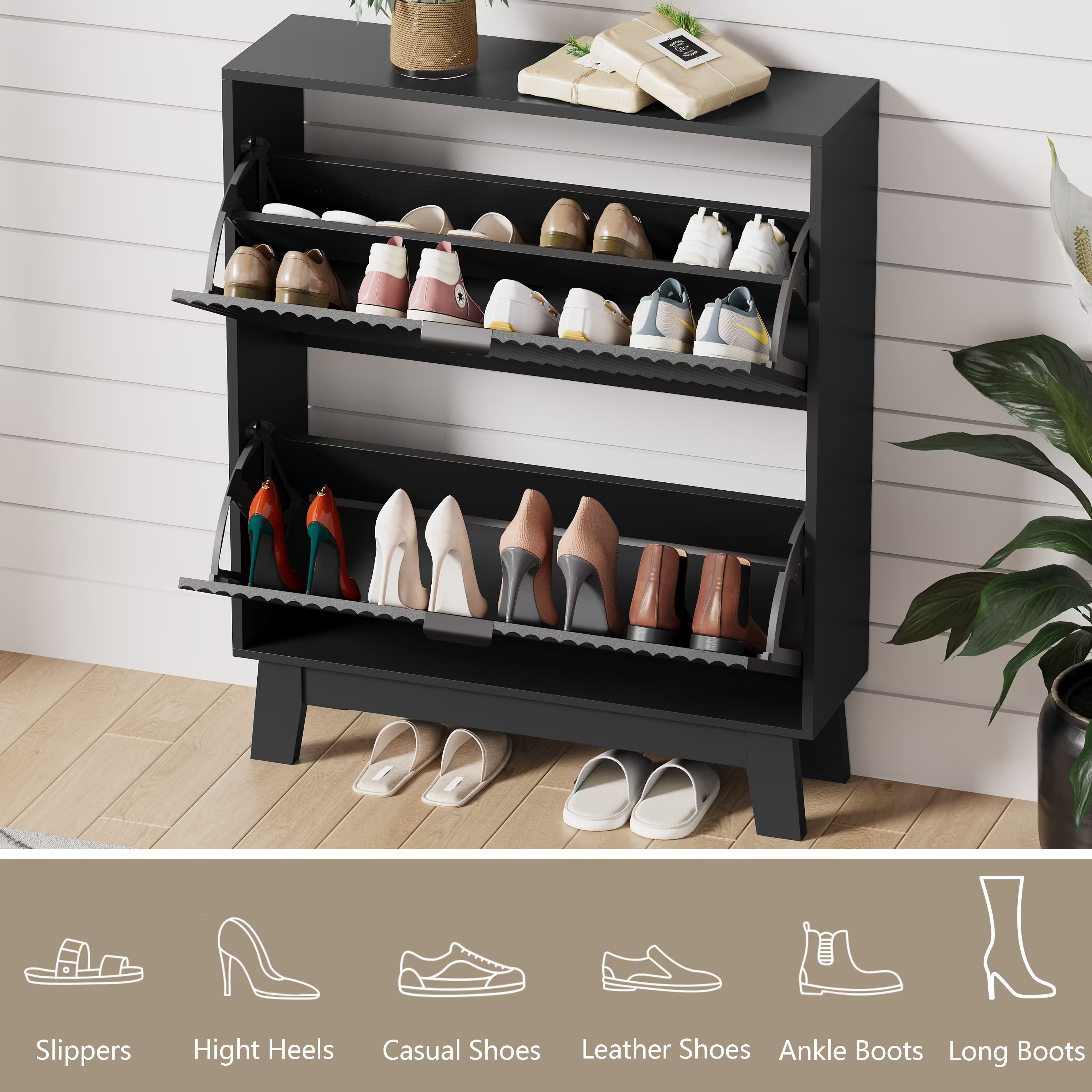 HLG136 Linea Anymaple black shoe organizer cabinet with 2 flip drawers for heels, sneakers, boots and daily footwear