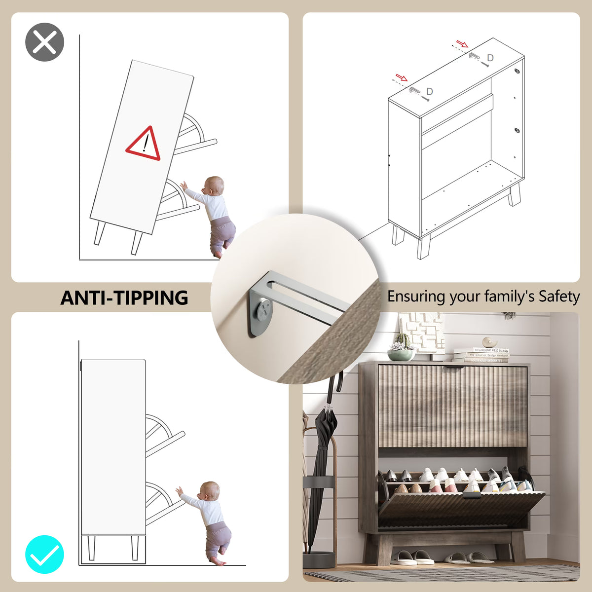 HLG136 Linea Anymaple gray entryway shoe storage cabinet with anti tipping wall anchor for safer home organization