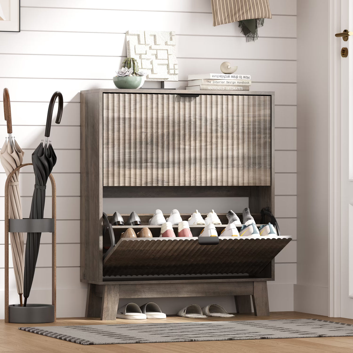 HLG136 Linea Anymaple gray narrow shoe cabinet for entryway with 2 fluted flip drawers and wooden legs