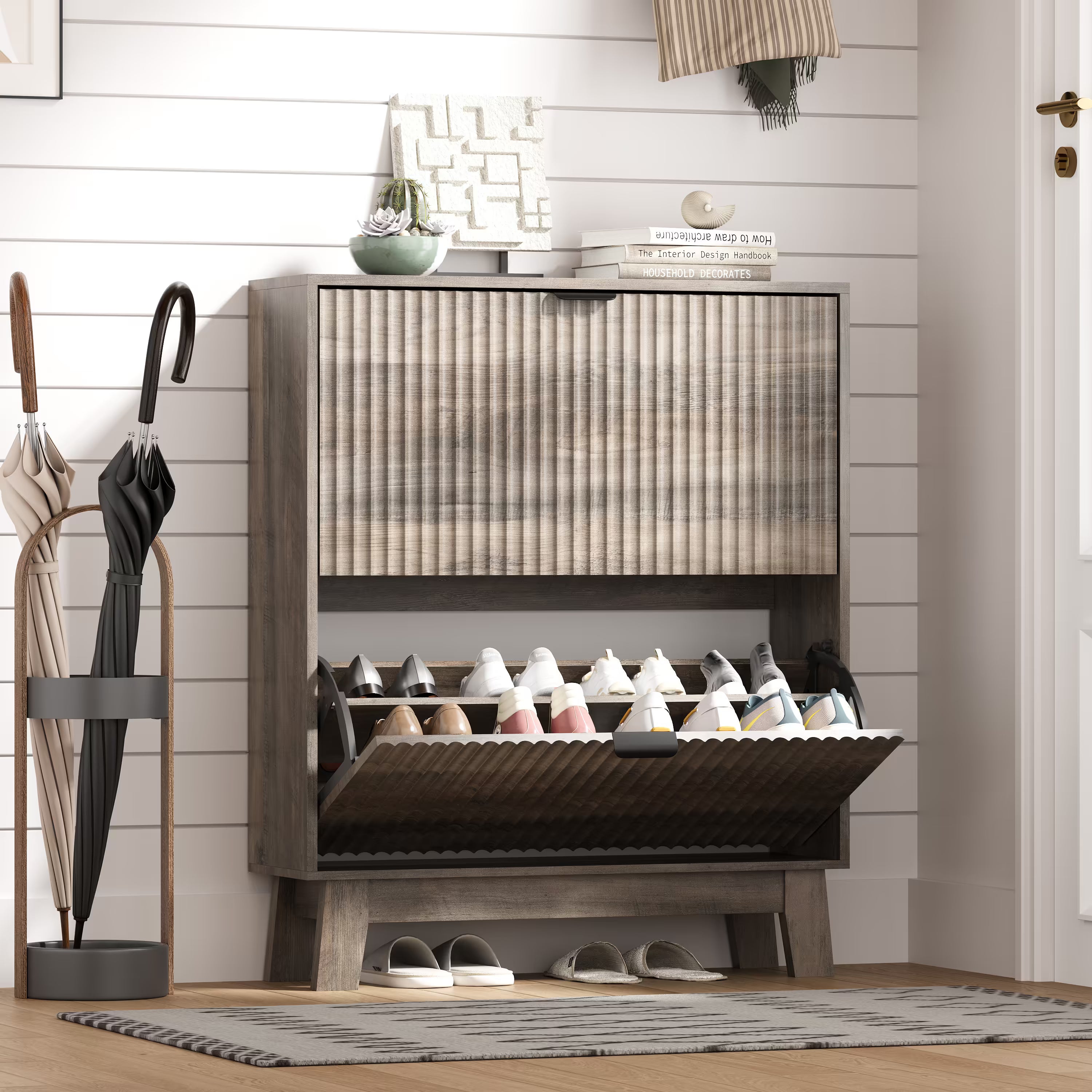 HLG136 Linea Anymaple gray narrow shoe cabinet for entryway with 2 fluted flip drawers and wooden legs
