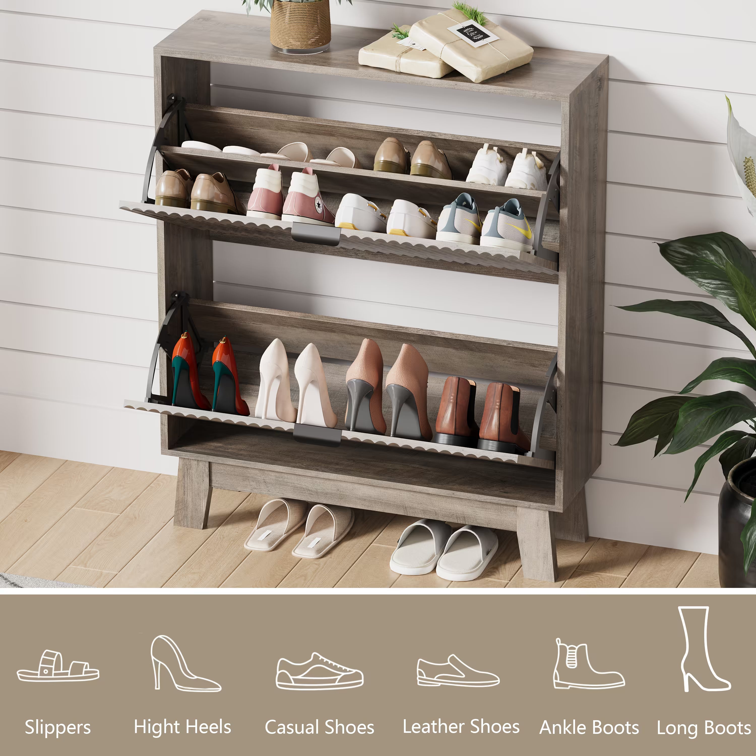 HLG136 Linea Anymaple gray shoe organizer cabinet with 2 flip drawers for heels, sneakers, boots and daily footwear