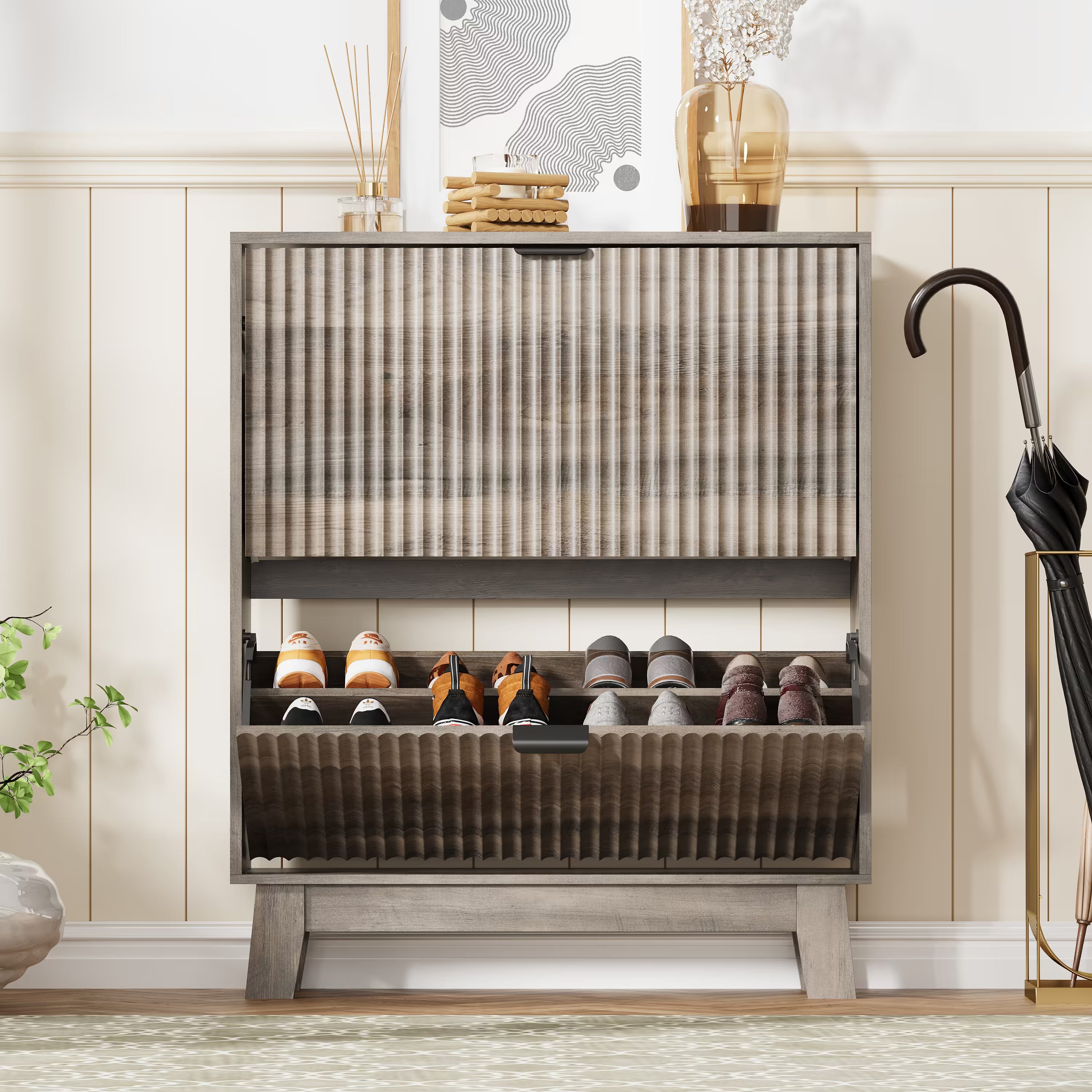 HLG136 Linea Anymaple gray slim shoe cabinet standing near the front door for space saving entryway storage