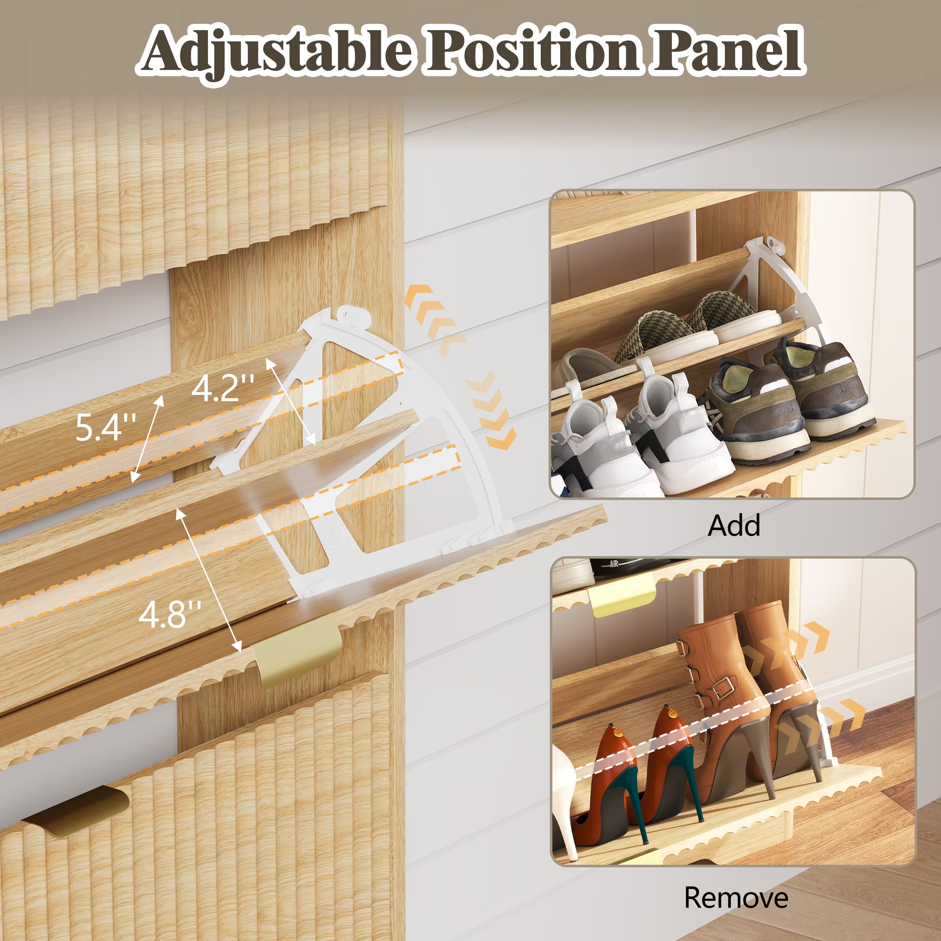 HLG136 Linea Anymaple oak shoe rack cabinet with adjustable and removable interior panels for different shoe heights