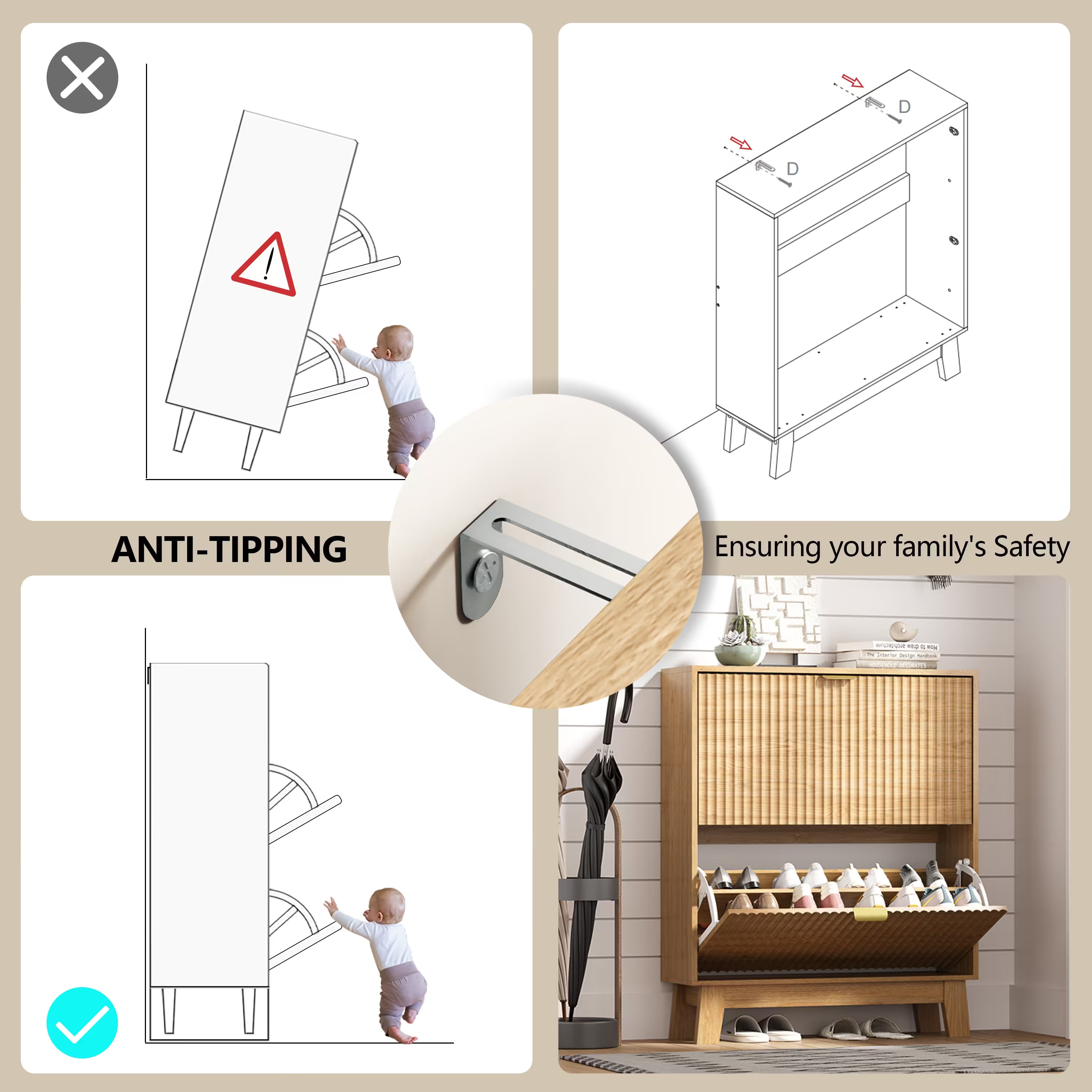 HLG136 Linea Anymaple oak entryway shoe storage cabinet with anti tipping wall anchor for safer home organization