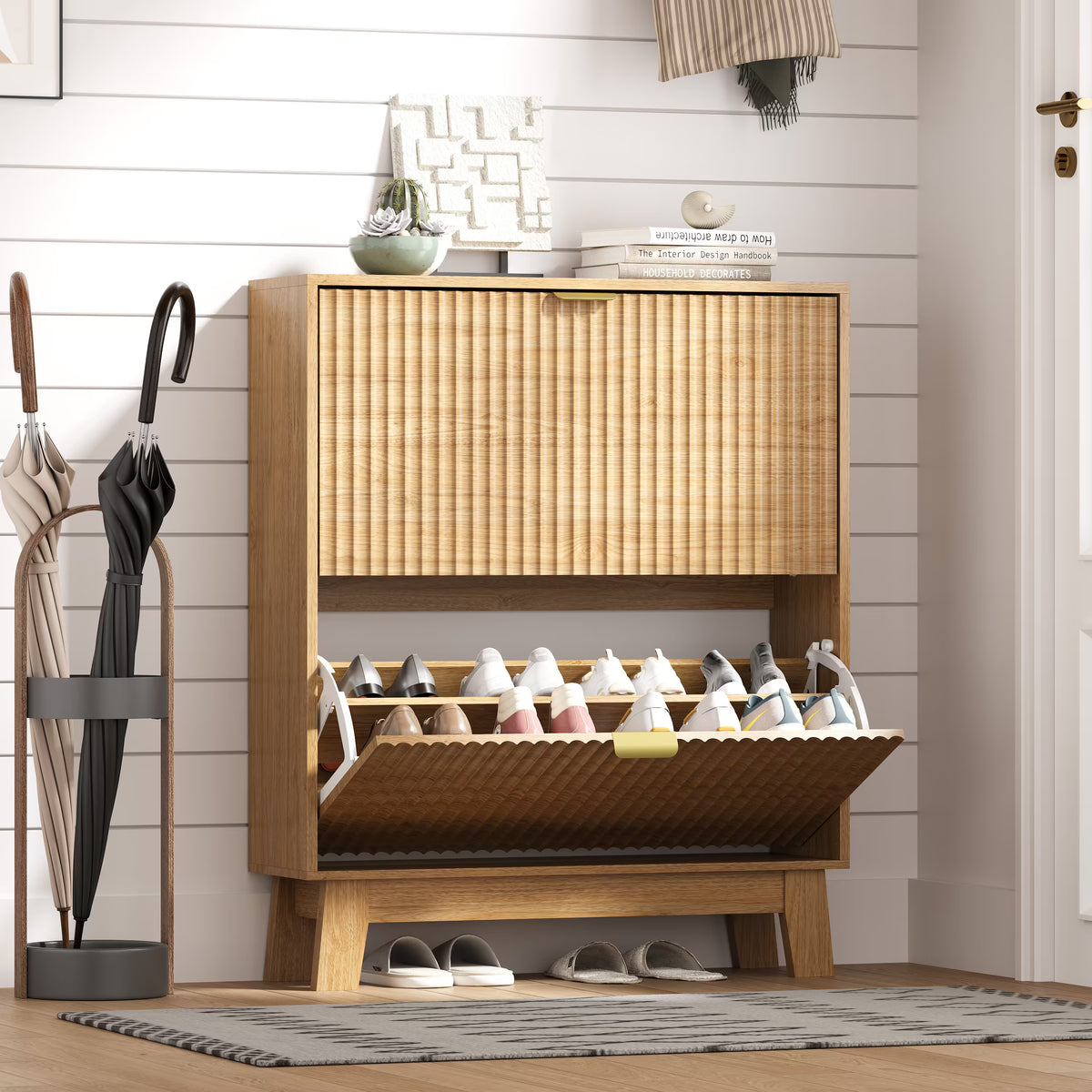 HLG136 Linea Anymaple oak narrow shoe cabinet for entryway with 2 fluted flip drawers and wooden legs