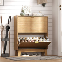 HLG136 Linea Anymaple oak narrow shoe cabinet for entryway with 2 fluted flip drawers and wooden legs
