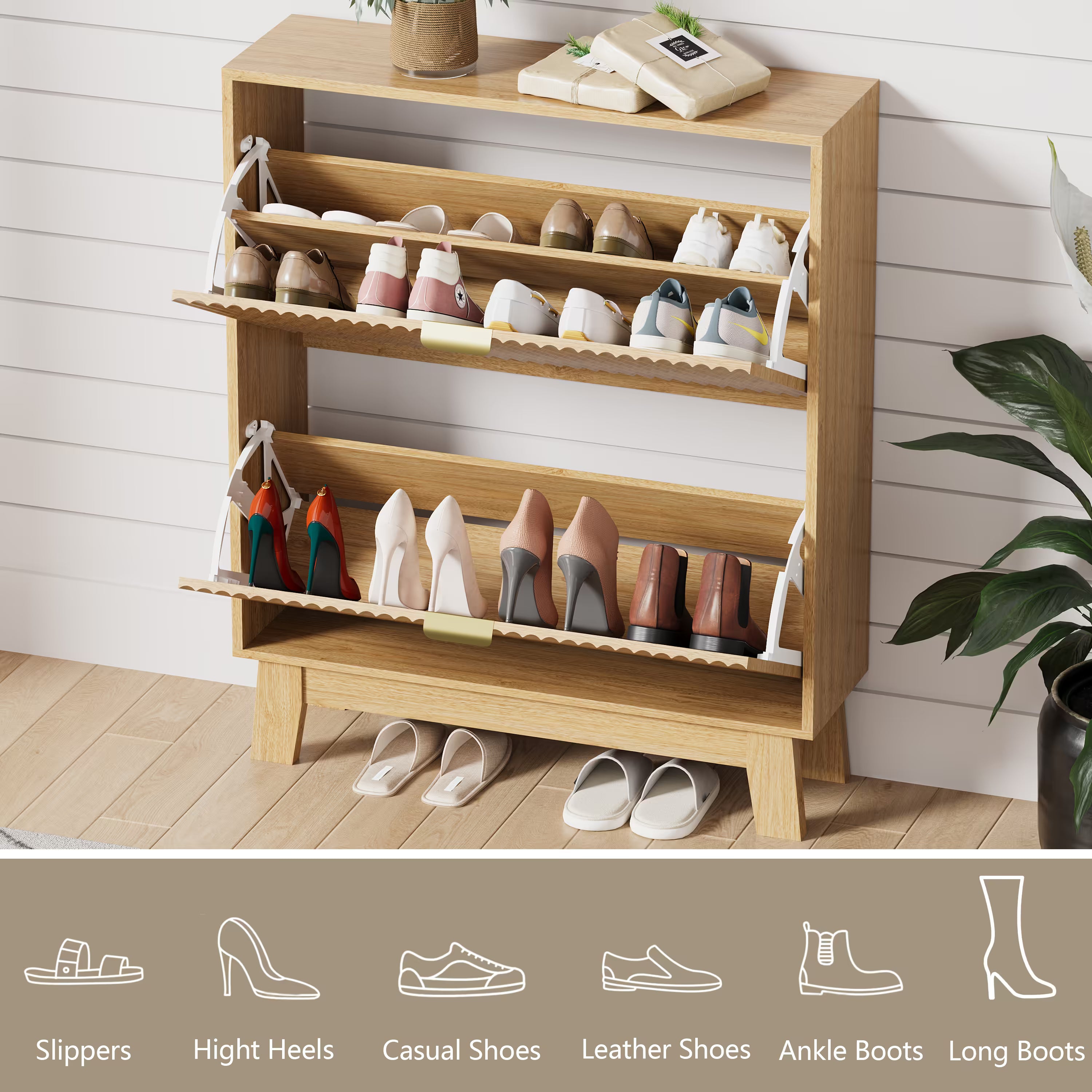 HLG136 Linea Anymaple oak shoe organizer cabinet with 2 flip drawers for heels, sneakers, boots and daily footwear