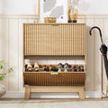 Oak Linea Fluted Narrow Shoe Cabinet with 2 Flip Drawers, styled entryway view