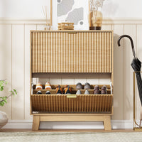 HLG136 Linea Anymaple oak slim shoe cabinet standing near the front door for space saving entryway storage