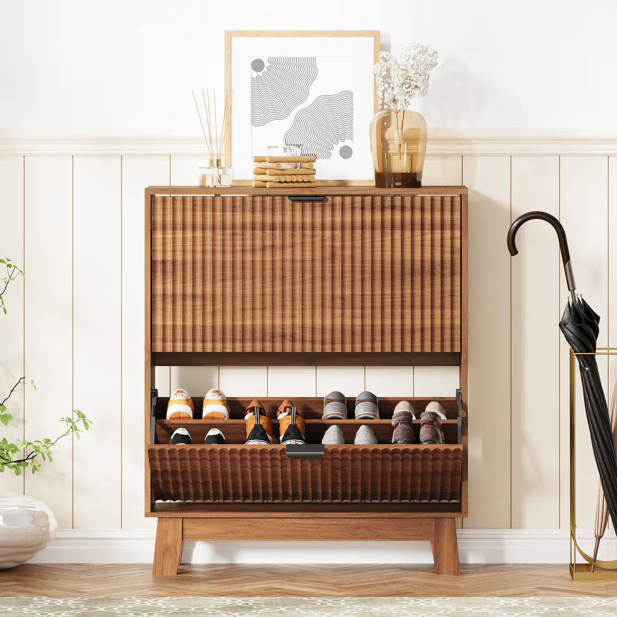 HLG136 Linea Anymaple walnut shoe rack cabinet with adjustable and removable interior panels for different shoe heights