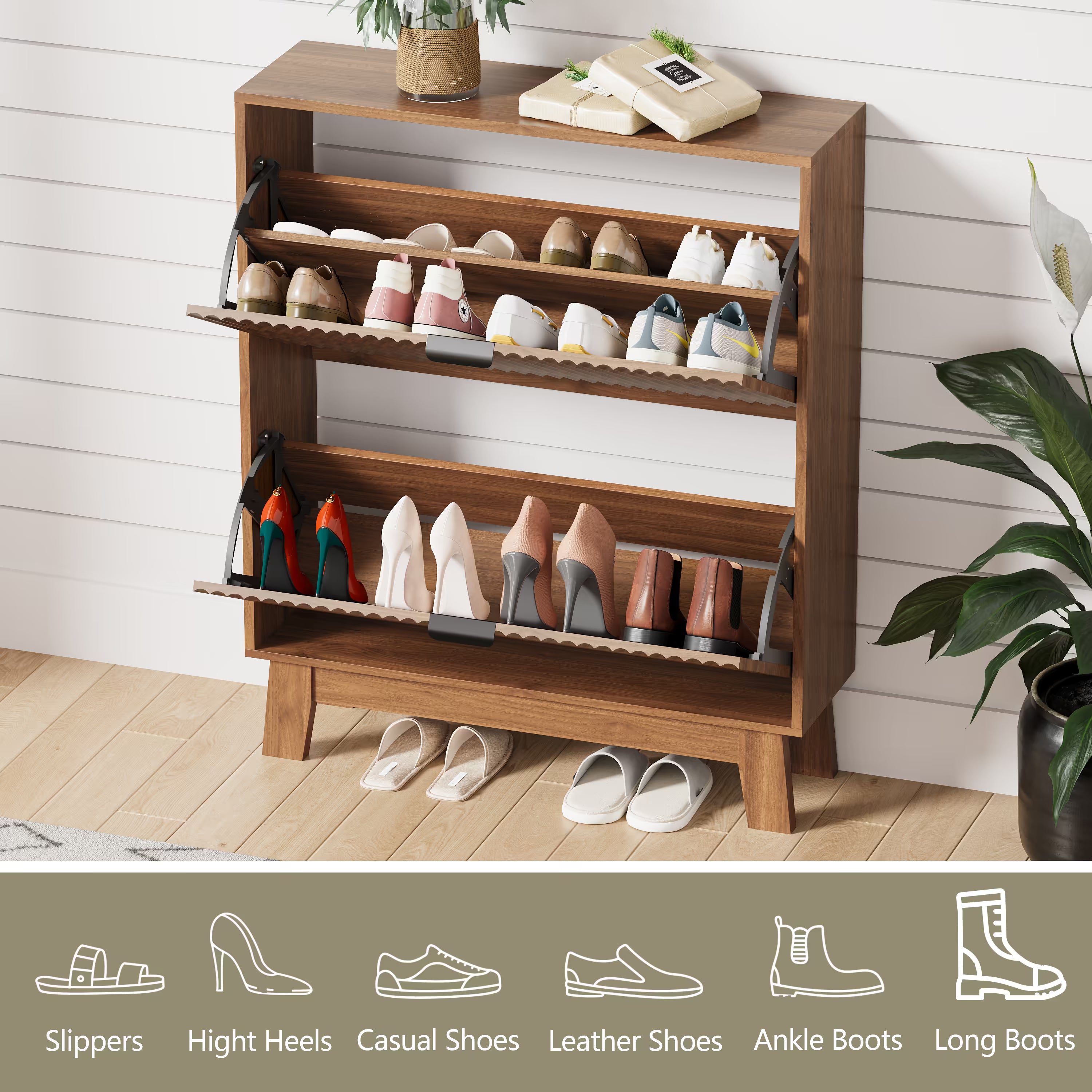 HLG136 Linea Anymaple walnut entryway shoe storage cabinet with anti tipping wall anchor for safer home organization