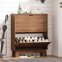 HLG136 Linea Anymaple walnut narrow shoe cabinet for entryway with 2 fluted flip drawers and wooden legs